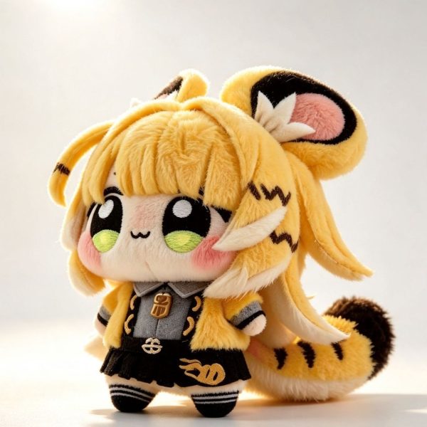 A 15cm anime plush doll of the character Ju Fufu, featuring blonde hair, tiger ears, and a striped tail. She is wearing a yellow jacket, gray shirt, and black skirt, standing against a white background with the Chinese text "Fierce Tiger Descending the Mountain".