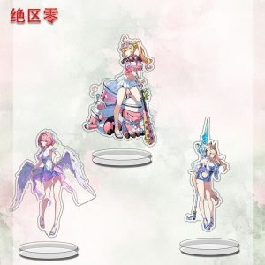 A collection of three clear acrylic standees featuring Zenless Zone Zero anime characters, including a pink-haired girl with wings, a blonde girl with a spiked bat, and a blonde girl with a blue lance. They are displayed on clear circular bases against a light, watercolored background.