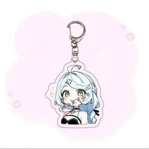 Four chibi acrylic keychains of Seed from Zenless Zone Zero showing different funny expressions: confused with question marks, smiling with sparkles, pouting in anger, and dramatically crying with big tear droplets.