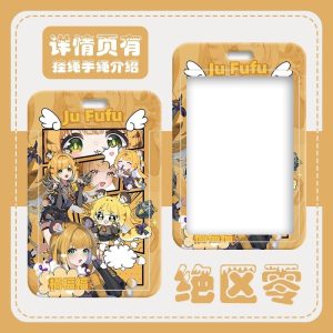 Multiple hard-shell sliding card holders featuring Zenless Zone Zero characters Ju Fufu and Yixuan in yellow and white themes. The front displays vibrant anime artwork and comic panels, while the back includes a large clear transparent display window and top lanyard slot.