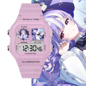 Pastel pink digital wristwatch featuring custom Zenless Zone Zero Vivian anime artwork inside the watch display windows, shown against character art backgrounds.