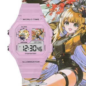 Pastel pink digital wristwatch featuring custom Zenless Zone Zero Ju Fufu anime artwork inside the display sub-windows set against character illustration backgrounds.