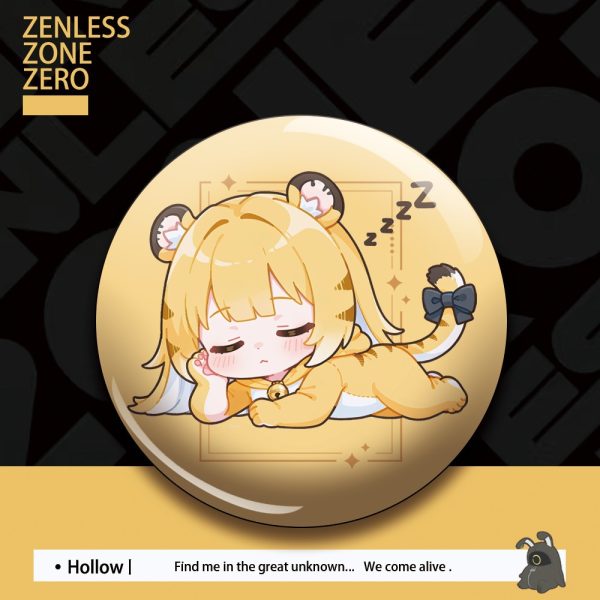 Glossy round button badge featuring chibi anime character Ju Fufu from Zenless Zone Zero holding bubble tea against a yellow accent background.