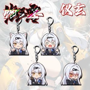 Zenless Zone Zero Yi Xuan anime chibi acrylic keychains featuring four cute expressions including cat ears, blushing, shocked, and pouting styles.