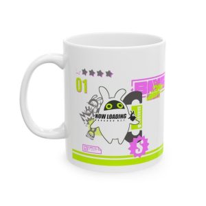 Two white ceramic mugs sitting on a wooden desk next to a laptop, featuring neon green and pink retro cyberpunk graphics of Bangboo from Zenless Zone Zero.