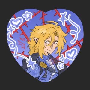 A collage of four heart-shaped holographic anime pin buttons featuring Zenless Zone Zero characters Von Lycaon, Hugo Vlad, Harumasa, and Manato in a hand-drawn art style, shining under natural light.