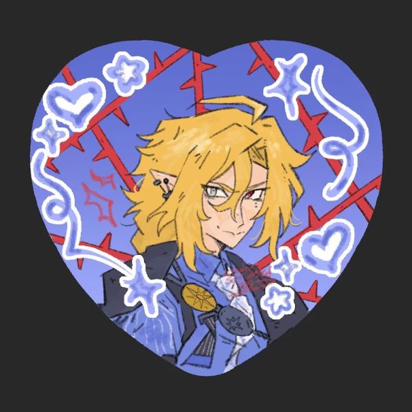 A collage of four heart-shaped holographic anime pin buttons featuring Zenless Zone Zero characters Von Lycaon, Hugo Vlad, Harumasa, and Manato in a hand-drawn art style, shining under natural light.