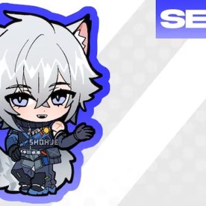 Two acrylic keychains featuring chibi anime illustrations of Seth Lowell with a blue border and Jane Doe with a pink border from Zenless Zone Zero, attached to black metal clasps.