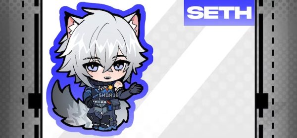 Two acrylic keychains featuring chibi anime illustrations of Seth Lowell with a blue border and Jane Doe with a pink border from Zenless Zone Zero, attached to black metal clasps.