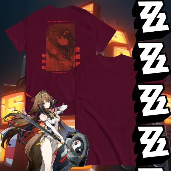 A collection of three T-shirts in white, black, and burgundy, featuring a red graphic of the Zenless Zone Zero character Ye Shunguang in a manga panel style on the back, shown alongside a full-color character illustration.