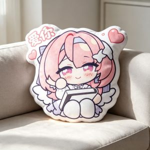 A collection of four images showing different 40cm custom-shaped plush pillows resting on a white sofa. Each pillow features a different chibi anime expression of the pink-haired character