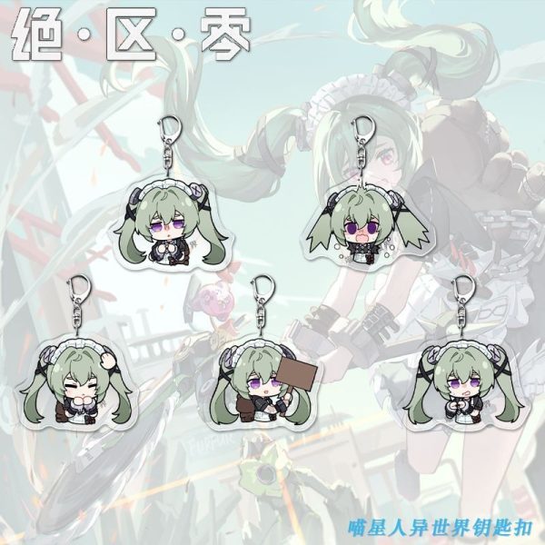 A collection of four clear acrylic keychains featuring the Zenless Zone Zero character Corin Wickes in a chibi art style. She is shown with various expressions including crying, shocked, nervous, and holding a blank sign.