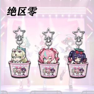A collection of three clear acrylic keychains featuring Zenless Zone Zero anime characters Chinatsu, Airi, and Nangong Yu drawn in a chibi style, sitting inside pink fast-food fried chicken buckets. Each charm is attached to a silver star-shaped metal clasp.
