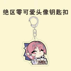 Three clear acrylic keychains featuring chibi anime characters: a blonde animal-eared character holding a fishing rod, a pink-haired character looking past a pixelated blue screen, and a pink-haired character happily drinking three boba teas at once.