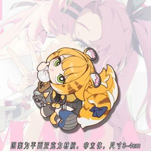 A collection of miniature flat acrylic phone charms featuring chibi anime characters, including a pink-haired girl, a tiger-eared girl, and a blue-haired girl, each attached to a small black lanyard string.