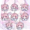 A collection of miniature flat acrylic phone charms featuring chibi anime art of Remiel from Zenless Zone Zero in various expressive poses, each attached to a small black lanyard string.