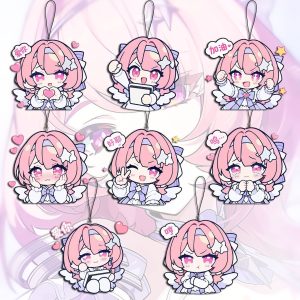 A collection of miniature flat acrylic phone charms featuring chibi anime art of Remiel from Zenless Zone Zero in various expressive poses, each attached to a small black lanyard string.