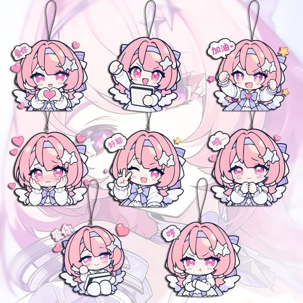 A collection of miniature flat acrylic phone charms featuring chibi anime art of Remiel from Zenless Zone Zero in various expressive poses, each attached to a small black lanyard string.