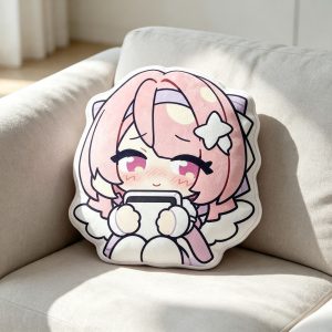 A collection of four images showing different 40cm custom-shaped plush pillows resting on a white sofa. Each pillow features a different chibi anime expression of the pink-haired character