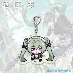 A collection of four clear acrylic keychains featuring the Zenless Zone Zero character Corin Wickes in a chibi art style. She is shown with various expressions including crying, shocked, nervous, and holding a blank sign.