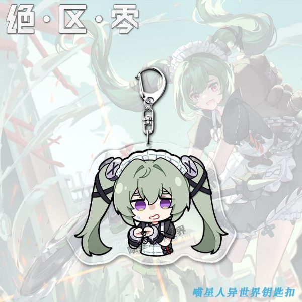 A collection of four clear acrylic keychains featuring the Zenless Zone Zero character Corin Wickes in a chibi art style. She is shown with various expressions including crying, shocked, nervous, and holding a blank sign.