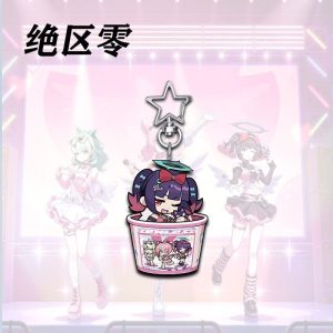 A collection of three clear acrylic keychains featuring Zenless Zone Zero anime characters Chinatsu, Airi, and Nangong Yu drawn in a chibi style, sitting inside pink fast-food fried chicken buckets. Each charm is attached to a silver star-shaped metal clasp.