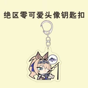 Three clear acrylic keychains featuring chibi anime characters: a blonde animal-eared character holding a fishing rod, a pink-haired character looking past a pixelated blue screen, and a pink-haired character happily drinking three boba teas at once.
