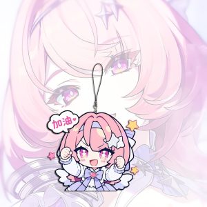 A collection of miniature flat acrylic phone charms featuring chibi anime art of Remiel from Zenless Zone Zero in various expressive poses, each attached to a small black lanyard string.