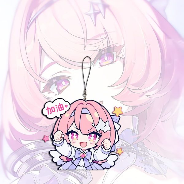 A collection of miniature flat acrylic phone charms featuring chibi anime art of Remiel from Zenless Zone Zero in various expressive poses, each attached to a small black lanyard string.