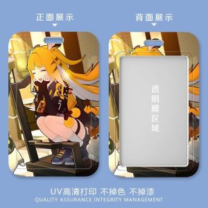Five variations of a sliding hard-shell card holder featuring a blonde tiger-eared anime character named Ju Fufu from Zenless Zone Zero in various fun situations, including eating ramen and headbanging with headphones. The back shows the full character artwork, while the front features a clear transparent window for displaying ID cards.