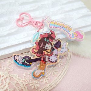 A collection of three retro 90s anime-style holographic acrylic keychains featuring Zenless Zone Zero characters reimagined as magical girls, complete with pink heart clasps and pastel "ANGELS" tags.