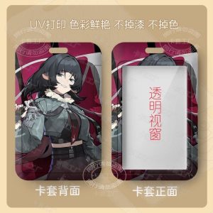 Multiple variations of a sliding hard-shell card holder featuring the dark-haired anime character Jane Doe from Zenless Zone Zero in various poses. The back of the cases shows the full character artwork, while the front features a clear transparent window for displaying ID cards.