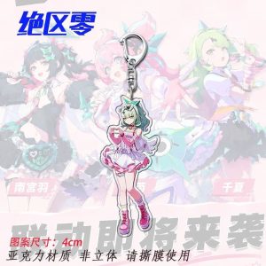 A collection of three 4cm flat acrylic keychains featuring the Zenless Zone Zero idol characters Nangong Yu, Airi, and Chinatsu in their frilly stage outfits. Each charm is attached to a standard silver metal swivel clasp.