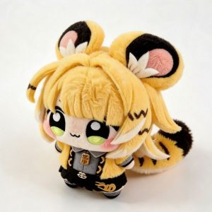 A 15cm anime plush doll of the character Ju Fufu, featuring blonde hair, tiger ears, and a striped tail. She is wearing a yellow jacket, gray shirt, and black skirt, standing against a white background with the Chinese text "Fierce Tiger Descending the Mountain".