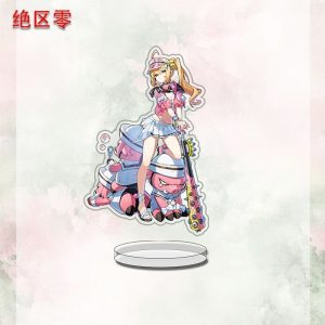 A collection of three clear acrylic standees featuring Zenless Zone Zero anime characters, including a pink-haired girl with wings, a blonde girl with a spiked bat, and a blonde girl with a blue lance. They are displayed on clear circular bases against a light, watercolored background.