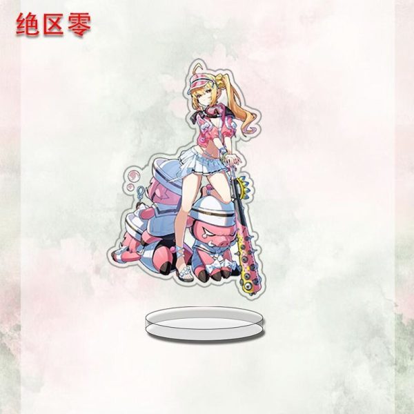 A collection of three clear acrylic standees featuring Zenless Zone Zero anime characters, including a pink-haired girl with wings, a blonde girl with a spiked bat, and a blonde girl with a blue lance. They are displayed on clear circular bases against a light, watercolored background.