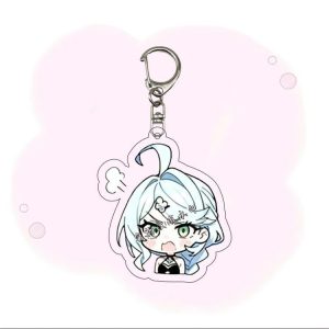 Four chibi acrylic keychains of Seed from Zenless Zone Zero showing different funny expressions: confused with question marks, smiling with sparkles, pouting in anger, and dramatically crying with big tear droplets.