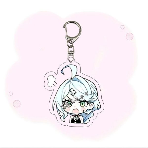 Four chibi acrylic keychains of Seed from Zenless Zone Zero showing different funny expressions: confused with question marks, smiling with sparkles, pouting in anger, and dramatically crying with big tear droplets.