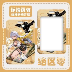 Multiple hard-shell sliding card holders featuring Zenless Zone Zero characters Ju Fufu and Yixuan in yellow and white themes. The front displays vibrant anime artwork and comic panels, while the back includes a large clear transparent display window and top lanyard slot.