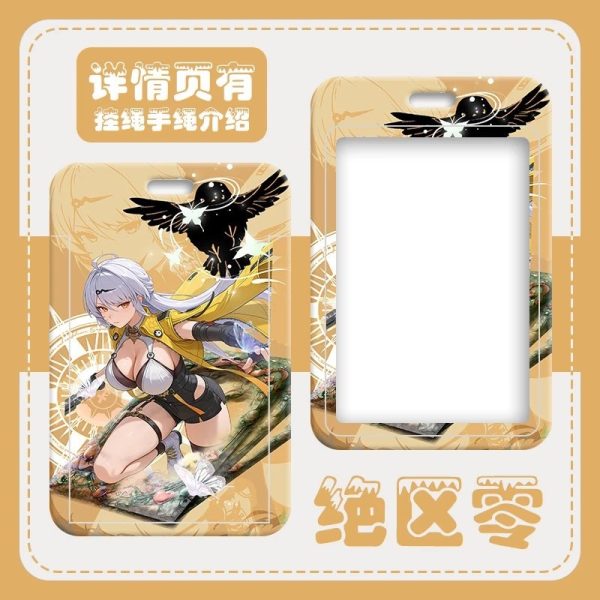 Multiple hard-shell sliding card holders featuring Zenless Zone Zero characters Ju Fufu and Yixuan in yellow and white themes. The front displays vibrant anime artwork and comic panels, while the back includes a large clear transparent display window and top lanyard slot.