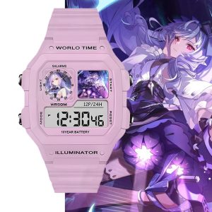 Pastel pink digital wristwatch featuring custom Zenless Zone Zero Vivian anime artwork inside the watch display windows, shown against character art backgrounds.