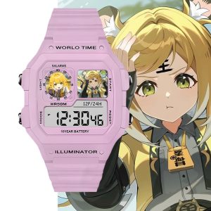 Pastel pink digital wristwatch featuring custom Zenless Zone Zero Ju Fufu anime artwork inside the display sub-windows set against character illustration backgrounds.