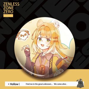 Glossy round button badge featuring chibi anime character Ju Fufu from Zenless Zone Zero holding bubble tea against a yellow accent background.