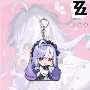 Cute chibi acrylic keychain featuring Zenless Zone Zero character Vivian with light purple hair and red eyes attached to a silver metal lobster clasp.