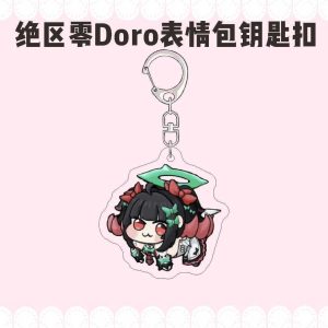 Zenless Zone Zero characters drawn in funny four-legged Doro meme style on acrylic keychains with silver metal clasps.