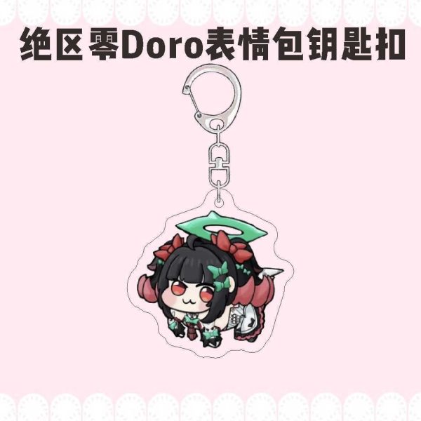 Zenless Zone Zero characters drawn in funny four-legged Doro meme style on acrylic keychains with silver metal clasps.