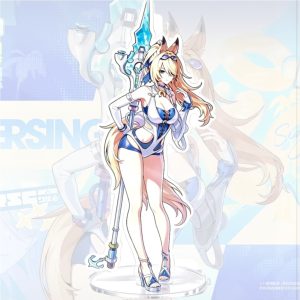 Zenless Zone Zero Lucy and anime characters in custom swimsuit illustrations printed on clear acrylic standees with transparent round bases.