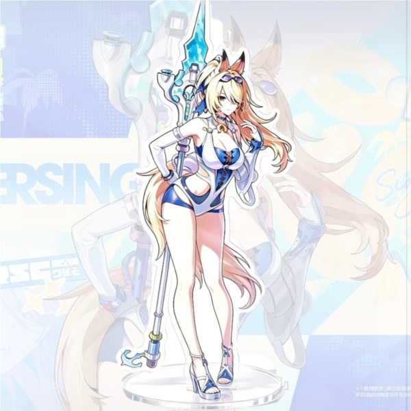 Zenless Zone Zero Lucy and anime characters in custom swimsuit illustrations printed on clear acrylic standees with transparent round bases.