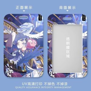 Zenless Zone Zero Remiel anime character with pink hair and white wings printed on a sliding plastic card holder with a clear back window.