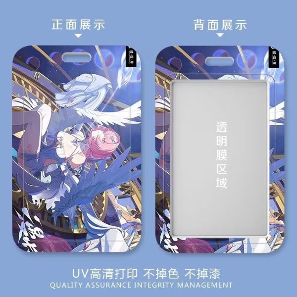 Zenless Zone Zero Remiel anime character with pink hair and white wings printed on a sliding plastic card holder with a clear back window.